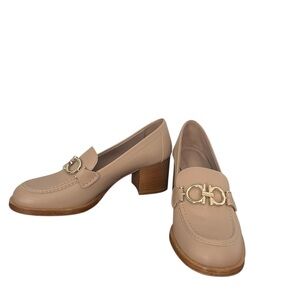 Salvatore Ferragamo Women's Gancini Buckle Chunky Heel Loafers Size 35 Taupe